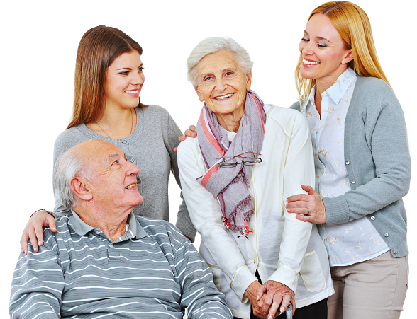 senior couple with two young women